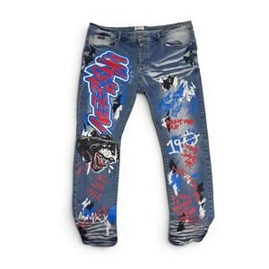 MacKeen Streetwear Graphic Jeans Size 42 Painted Distressed Denim Blue Urban